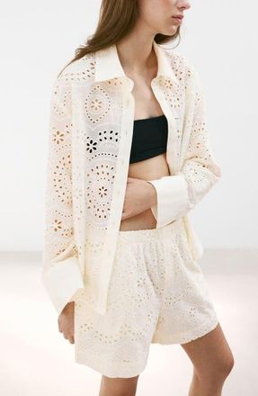 Mango Eyelet Cotton Shirt in Ecru at Nordstrom, Size 10
