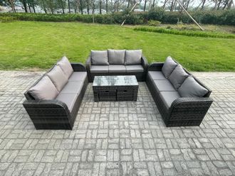 Fimous 11 Seater Rattan Garden Furniture Set Indoor Outdoor Patio Sofa Set with Coffee Table 2 Small Footstools Dark Grey Mixed