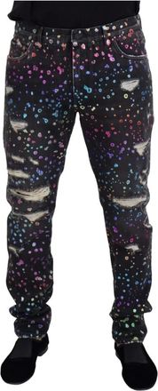 Dolce & Gabbana Zwarte Multicolor Print Gescheurde Denim Jeans - Heren - Slim Fit Jeans - Veelkleurig - L - Denim - Jeans