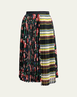 sacai Mixed-Print Pleated Midi Skirt