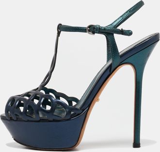 Sergio Rossi Metallic Blue/green Cut Out Leather Platform Sandals