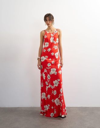 Topshop Vestito lungo in raso rosso a fiori con spalline intrecciate