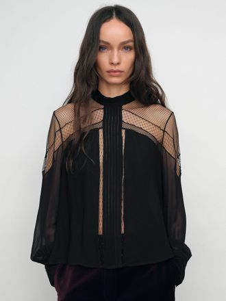 Reiss Black Lace-insert Tie-back Blouse, 12