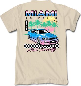 Riot Society Mens Short Sleeve Graphic and Embroidered Fashion T-Shirt, Miami Race (Sand), Large