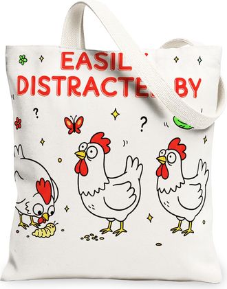 Generic Playful Chicken Canvas Tote Bags, Cute Farm Animal Pattern Reusable Grocery Bags, Lightweight Washable Shoulder Strap, White, 13x15 Inch