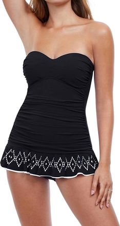 Gottex Bandeau Strapless Shirred Laser Cut Swimdress In Tutti Frutti Black