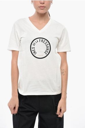 Ines De La Fressange Cotton-Blend V-Neck T-Shirt with Printed Logo size Xs