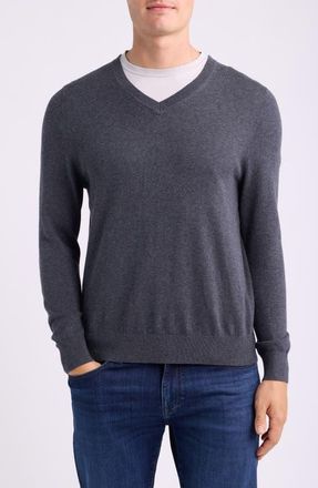 Nordstrom Cotton & Cashmere V-Neck Sweater in Grey Dark Charcoal Heather at Nordstrom, Size Xx-Large