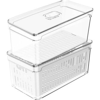 Ou Clear Stackable Fridge Organizer Bins with Drain Tray, Basket and Vented Lid, 2 Pack in Clear With White Drainer at Nordstrom