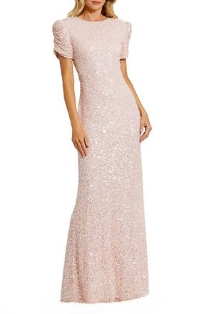 Mac Duggal Womens Embellished Mesh High-Neck Short Sleeve Gown in Blush at Nordstrom, Size 14