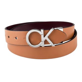 Calvin Klein Womens Two-in-One Reversible CK Monogram Plaque Buckle Dress Belt (Regular and Plus Sizes), Tan/Red, Medium