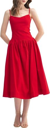 All in Favor Drop Waist Cotton & Linen Midi Dress in Red at Nordstrom, Size X-Large