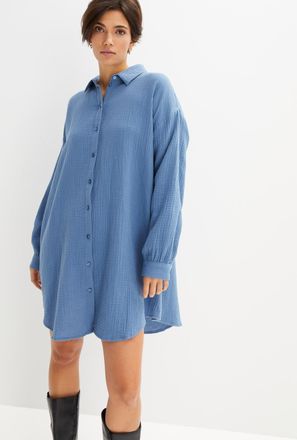 Bonprix Longbluse BONPRIX, Damen, Gr. 34, jeansblau, Web, Obermaterial: 100% Baumwolle, unifarben, oversize ca. Mitte Oberschenkel, weit Manschette, Blusen Lo
