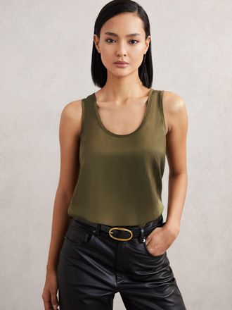 Reiss Khaki Green Silk-front Cami Top, XS