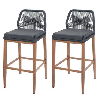 Hhg Hhg - Juego De 2 Taburetes De Bar De Cuerda 982, Asiento De Exterior De Cuerda De Metal Imitaci&oacute;n Madera, Antracita, Coj&iacute;n Gris Oscuro