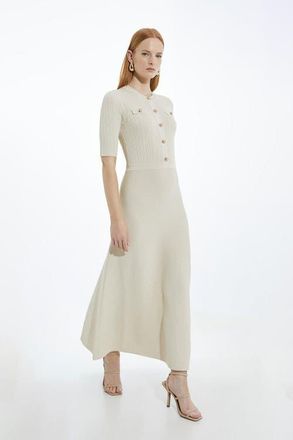 Karen Millen Rib Knit Military Trim Maxi Dress in Natural at Nordstrom, Size Medium