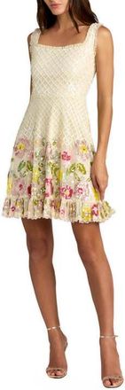 Mac Duggal Beaded Mesh Sleeveless V Neck Ruffle Mini Dress in Nude Multi at Nordstrom, Size 10