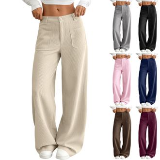 Generic Womens High Waist Wide Leg Pants Solid Colour Straight Fit Long Trousers with Front Pockets Button Closure Casual Everyday Style