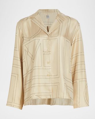 Toteme Monogram-Embroidered Silk Pajama Top