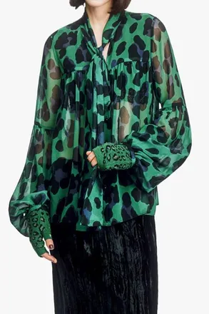 Anna Sui Jewel Jaguar Chiffon Tie Blouse in Jade at Nordstrom, Size X-Small