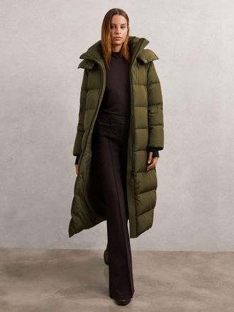 Reiss Khaki Belted Longline Hooded Puffer Coat, XS
