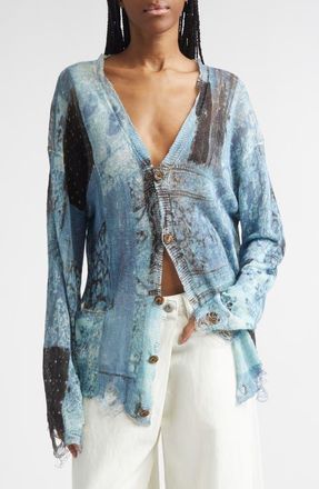 R13 Paisley Ripped Linen Sweater in Blue Multi Bandana at Nordstrom, Size X-Small