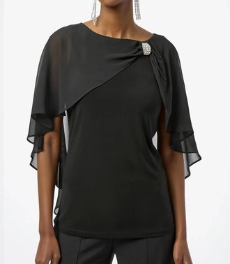 Joseph Ribkoff Rhinestone Brooch Chiffon Cape Overlay Top In Black