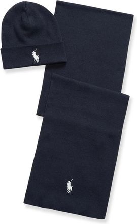 Polo Ralph Lauren Cotton Hat And Scarf Set - Heren - Wintersjaals - Blauw - ONE Size - Katoen - Accessoires