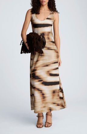 Kenneth Cole Abstract Print Stretch Satin Midi Dress in Burlap Multi at Nordstrom, Size X-Large