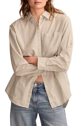Lucky Brand Stripe Oversize Button Back Cotton Button-Up Shirt in Green Stripe at Nordstrom, Size Medium