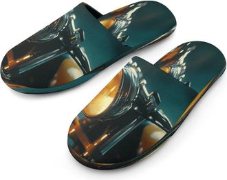 Generic Vintage Motorcycle Mens Flannel Slipper Soft Comfy House Shoes Non Slip Winter Warm Indoor Outdoor Slippers