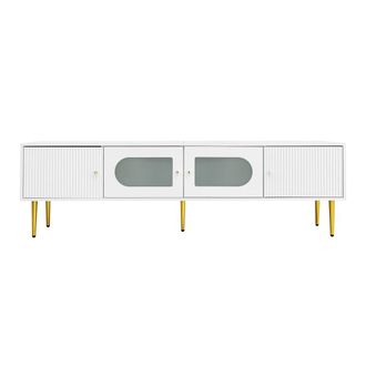 Urban Meuble Mueble tv blanco con cristal curvado y tiradores dorados, 2 puertas