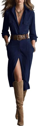 Generic Faux Suede Maxi Dress Long Sleeve Suede Button Down Fall Vintage Long Shirt Dress with Belt