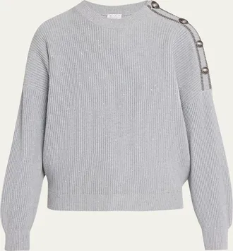 Brunello Cucinelli Sporty Button-Shoulder Cotton Diamante Crewneck Sweater