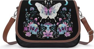 Generic Skulls Butterfly Mushrooms Womens Crossbody Bag PU Handbag Message Bags Shoulder Purse with Adjustable Strap