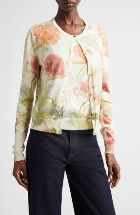 Carolina Herrera Poppy Print Silk & Cotton Cardigan in Almond Multi at Nordstrom, Size Xx-Large
