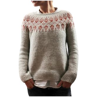 Generic Christmas Jumpers for Women Ladies Fairisle Casual Loose Long Sleeve Crew Neck Retro Jacquard Sweater Xmas Warm Jumpers Classy Nordic Knitwear Girls F