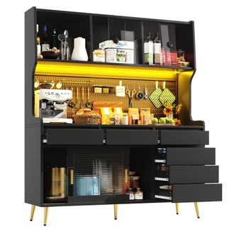 STILVORA Vetrina Con 2 Ante Scorrevoli, 1 Cassetto E Led, In Mdf, Metallo E Vetro, Nero, 145x39x171 Cm