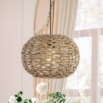 Jonathan Y Designs Isla 14 1-Light Farmhouse Coastal Rattan 180 Cord Plug-In or Hardwired LED Pendant
