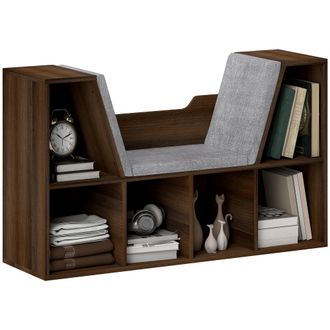 HOMCOM Cube Bookshelf Organizer With Reading Seat - Six Cubes - Chestnut | TJ Hughes