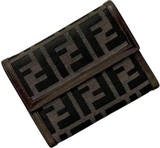 Fendi Brown Khaki Canvas Leather Wallet (Tri-Fold) (Pre-Owned)