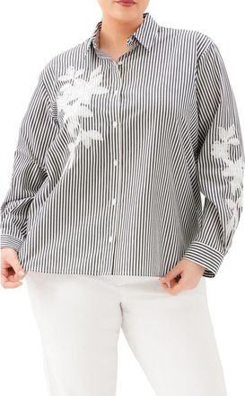 Karen Kane Stripe Embroidered Cotton Blend Button-Up Shirt in Black W/Off Whi at Nordstrom, Size 2 X