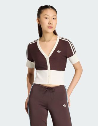 adidas Originals Camicia con scollo a V e bottoni color caff&egrave; aurora-Marrone