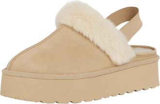 Generic 24890 Womens Faux Fur Lined Mules - Comfortable Platform Slippers with Cozy Fleece Interior - Slip-On Casual Shoes for Indoor and Outdoor Use (Beige W