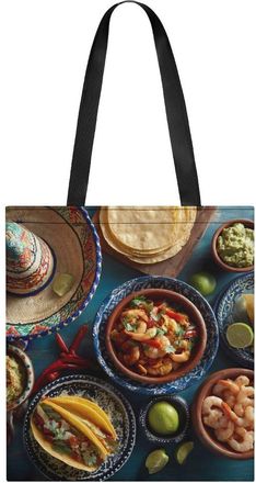 Generic Mexican Inspired Food Variety Cultural Tote Bag for Women Men Shoulder Bags Purses Pouch Handbags