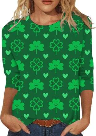 Generic Womens St. Patricks Day Tshirts Women T-Shirt Cute Graphic Print Crew Neck Short Sleeve St. Patricks Day T-Shirt Green Hat Print Irish Funny Gnomes T-