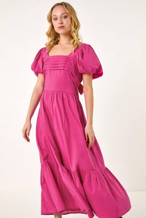 DUSK Cotton Pleated Puff Midi Dress