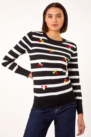 Roman Stripe Heart Crew Neck Knit Jumper
