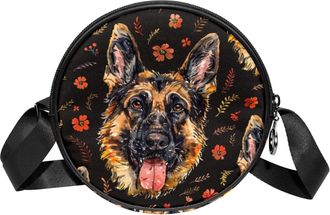 Generic Circle Crossbody Bag for Women, Dog German Shepherd Small Sling Bag Daypack with Zipper Adjustable Shoulder Straps Casual Ladies Girls Round Purse