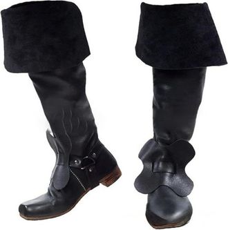 Generic Mens Low Block Heel Medieval Boots Square Toe PU Leather Long Boots Pull on Knee High Boot with Buckle,Black,6.5 UK